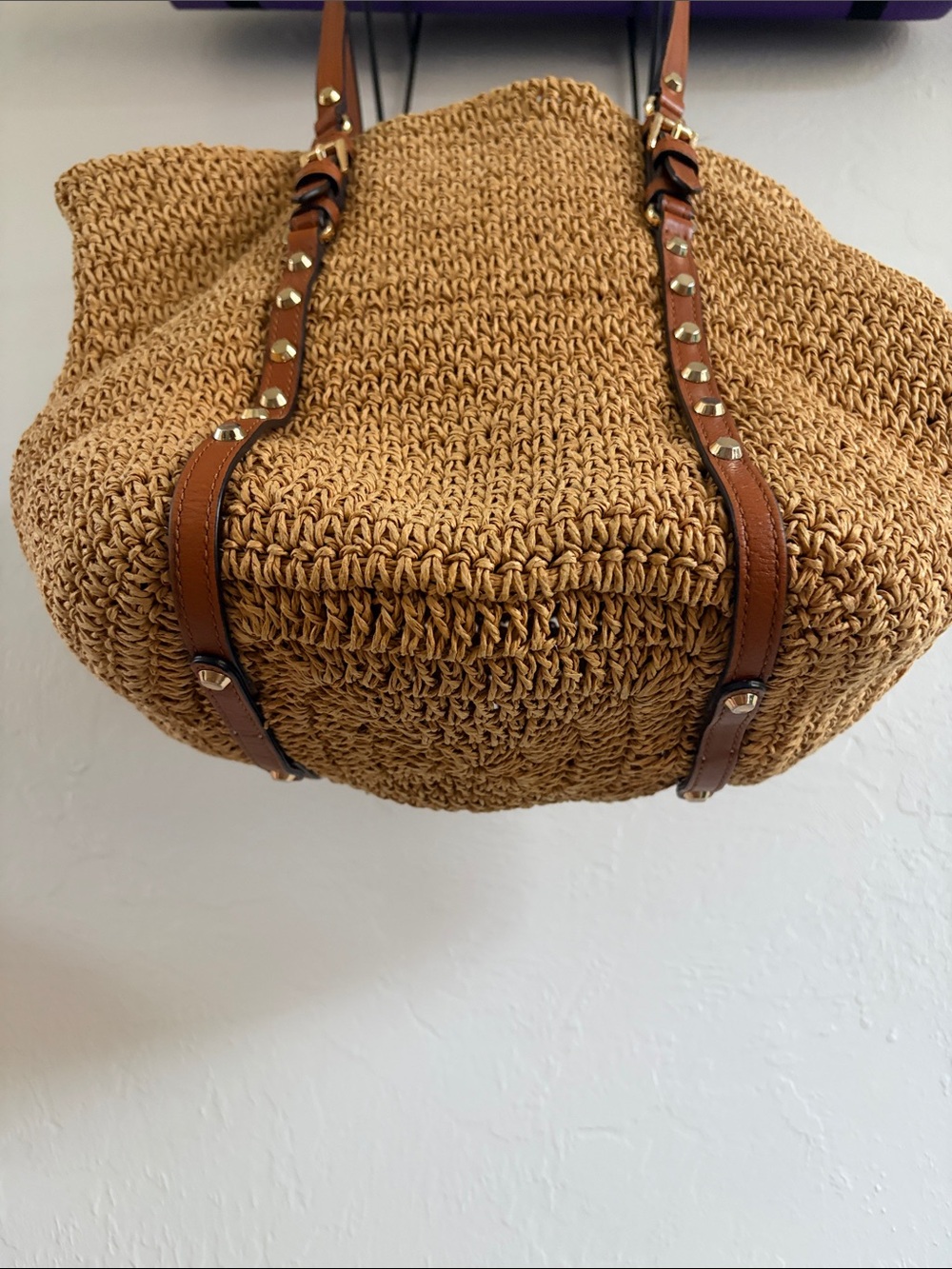 Michael Kors Santorini Studded Woven/Straw Tote w/Brown Leather Straps Like New - Picture 12 of 12